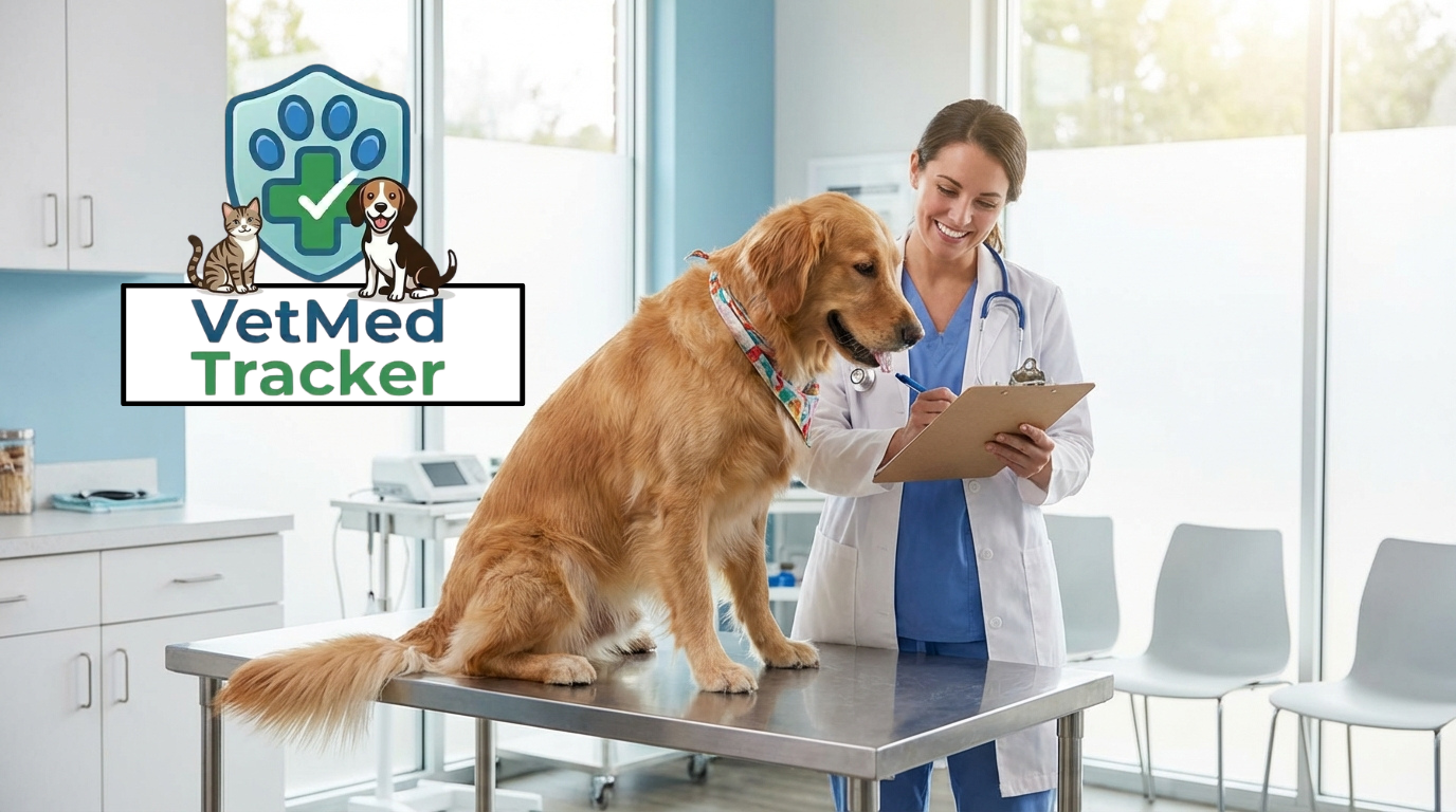 Veterinarian with golden retriever at clinic